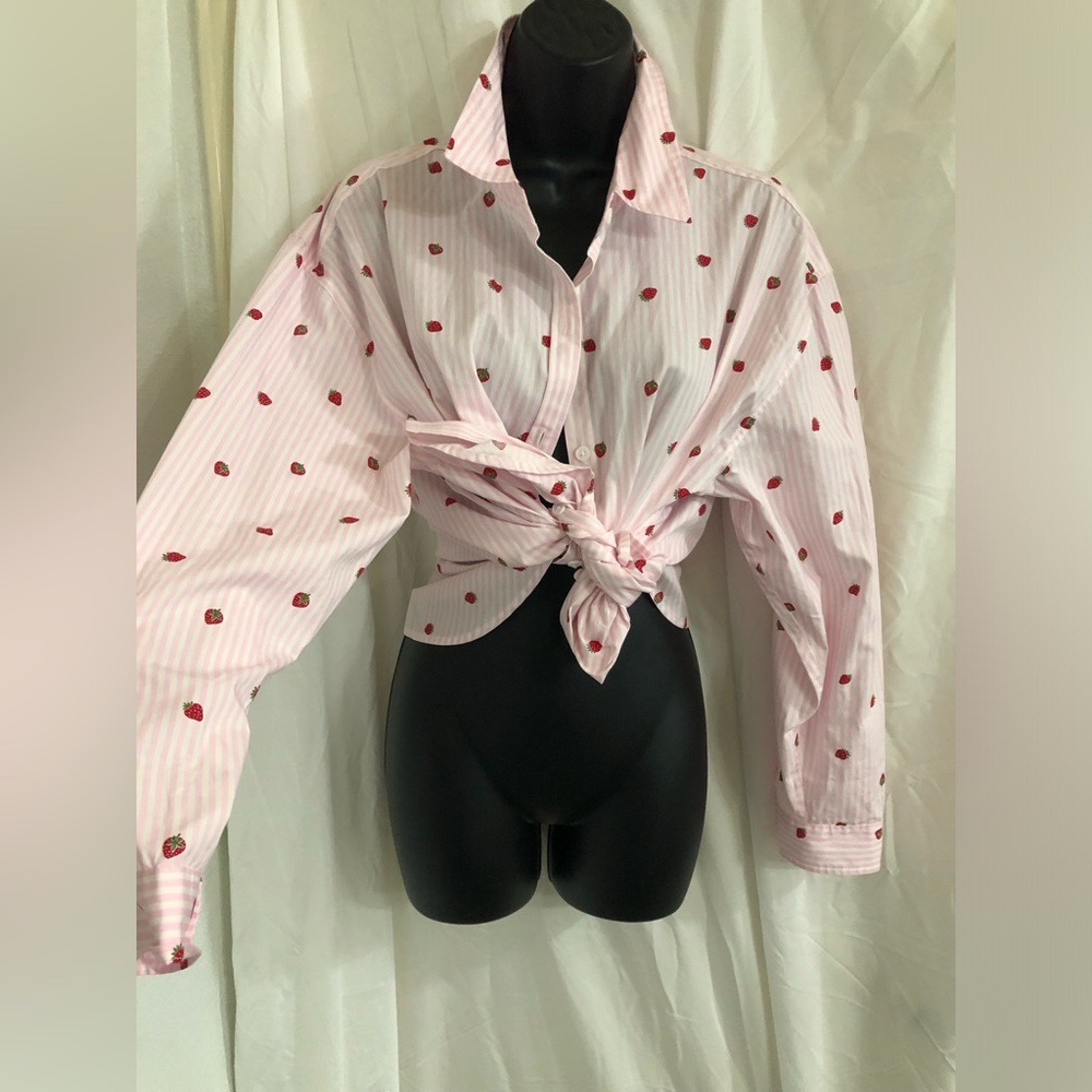 Nine West pink white striped strawberry button down menswear shirt size large - Picture 14 of 16